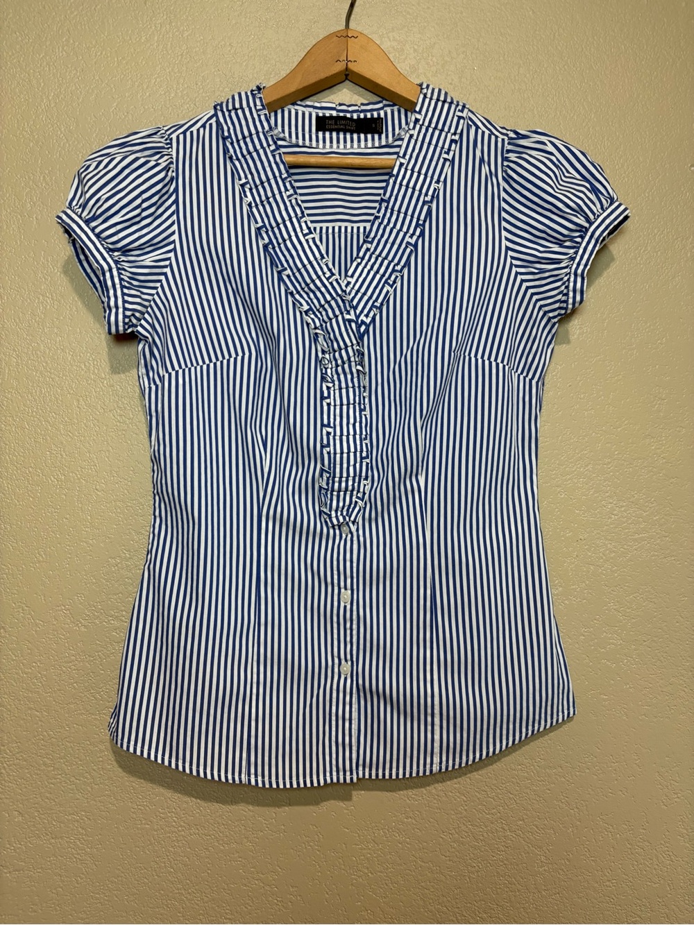 The Limited Blue & White Striped Ruffle Trim V-Neck Blouse